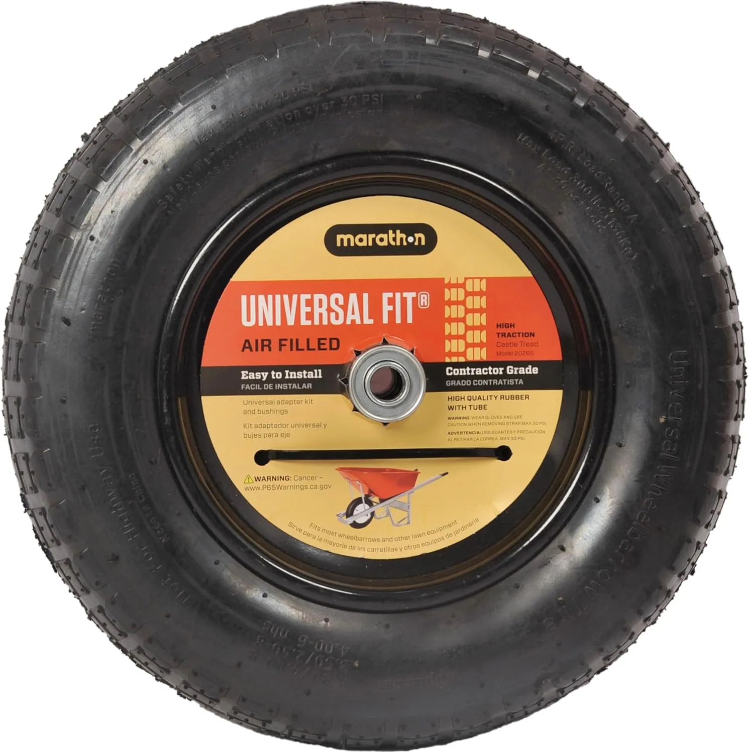 Marathon Industries 20265 Pneumatic (Air-Filled) Wheelbarrow Tire 3" Centered Hub, 5/8" Nylon Bushing with Spacer Kit Included, Multi