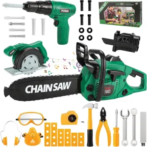 Mathea Kids Tool Set with Electronic Chainsaw Toys & Kid Drill, Realistic Pretend Play Toddler Tool Toys, Construction Drill Toys, Christmas Gifts for Kids Toddler and Boys Age 3 4 5 6 7 8 Years Old
