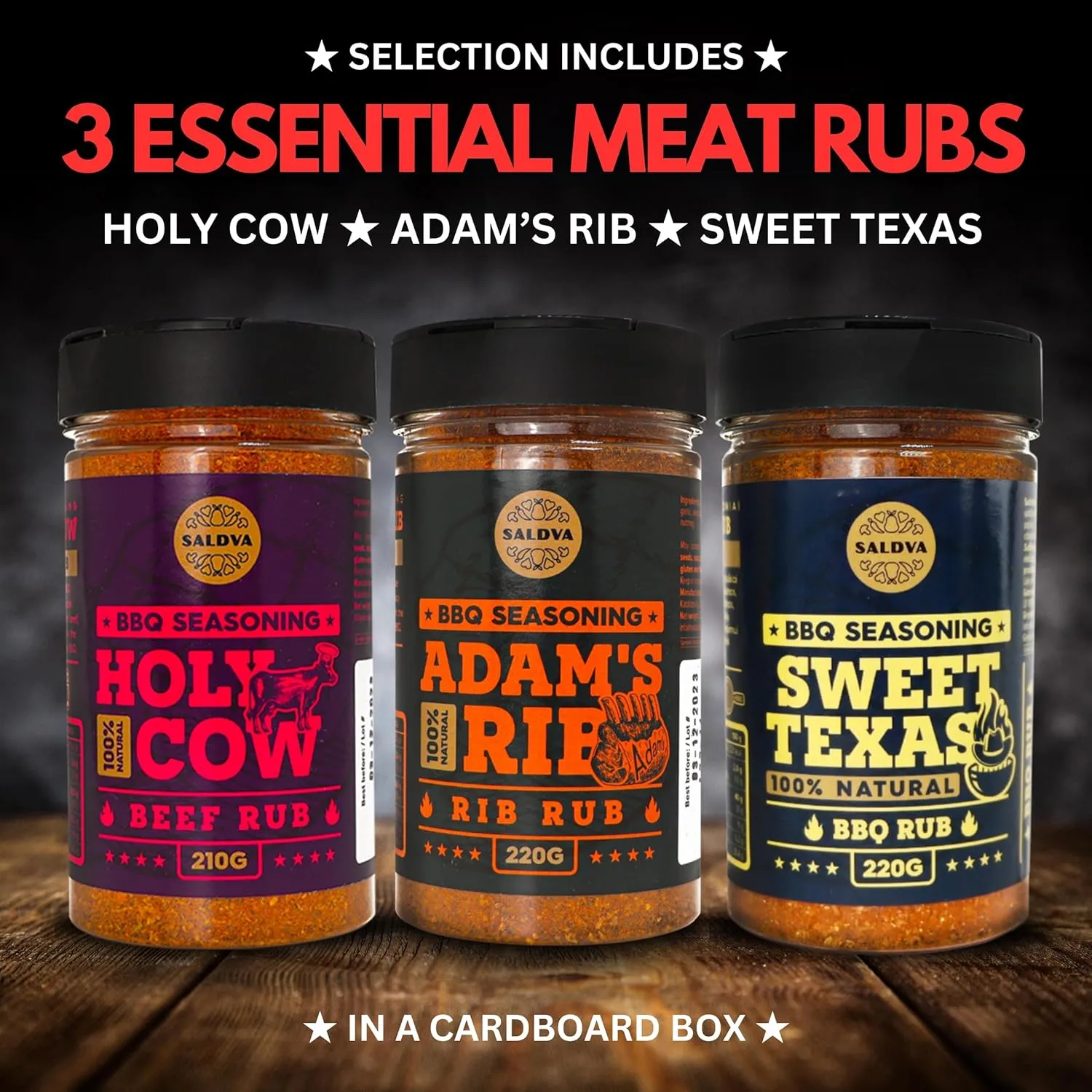 Meat Lovers Selection of Premium BBQ Seasonings - Holy Cow, Sweet Texas & Adam's Ribs BBQ Rubs | Pack of 3 | 100% Natural | Spice Gift For Foodie