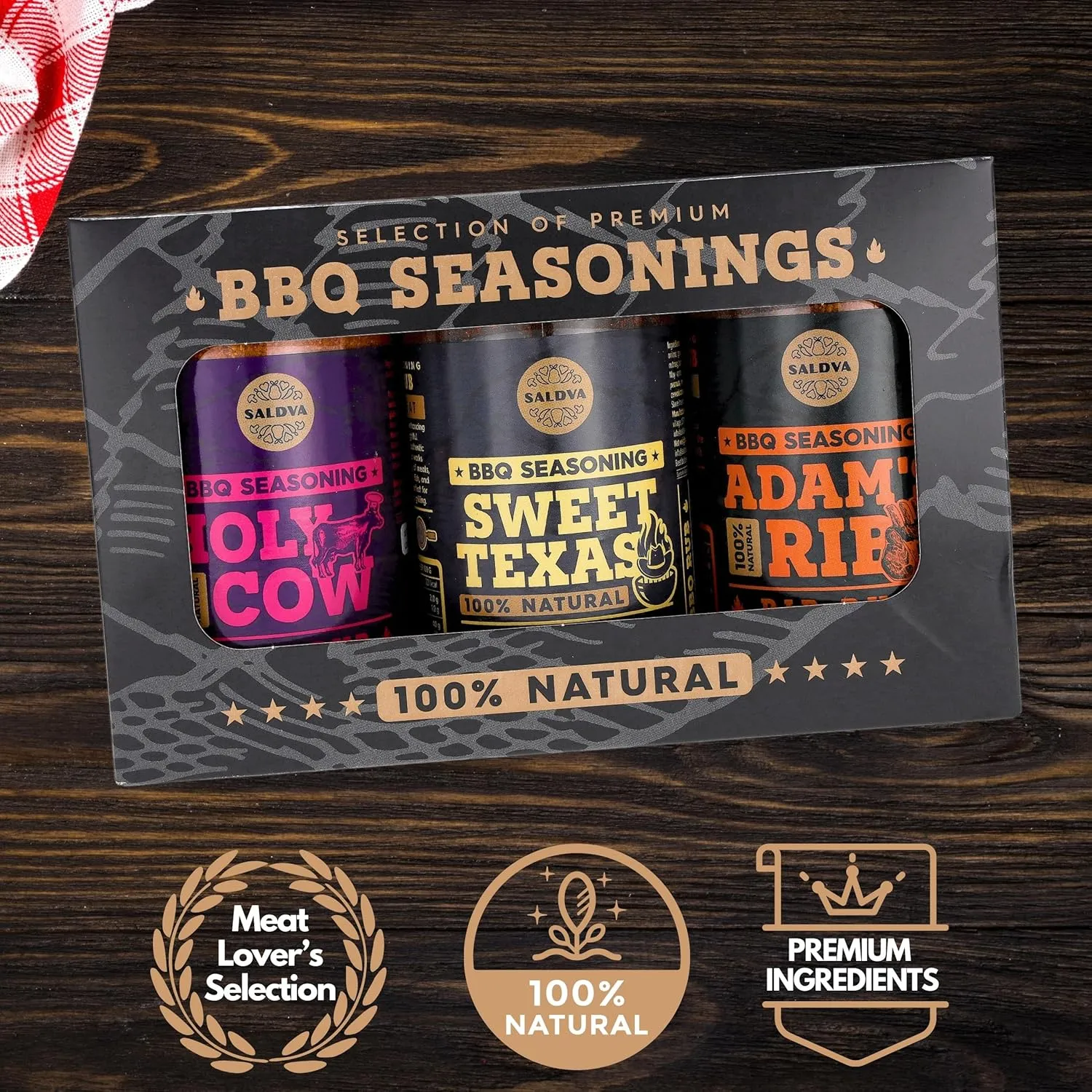 Meat Lovers Selection of Premium BBQ Seasonings - Holy Cow, Sweet Texas & Adam's Ribs BBQ Rubs | Pack of 3 | 100% Natural | Spice Gift For Foodie