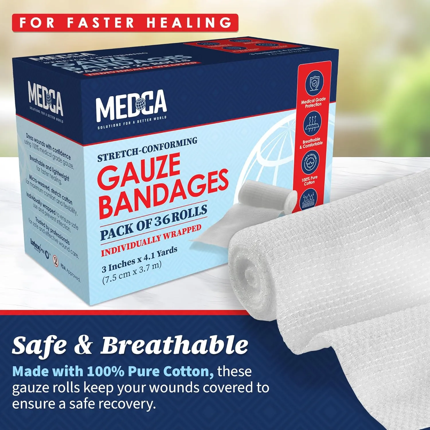 MEDca Gauze Rolls - (36 Pack) 3 in x 4.1 Yards Medical Grade Stretch Bandage for Dressing Wounds and First Aid Kit (3-Inch, 36 Pcs)
