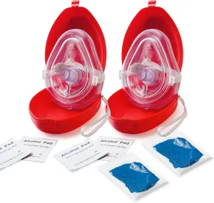 Medical CPR Mask - CPR Pocket Resuscitator Mask, Oxygen Inlet, Elastic Head Strap, Clamshell Case, Antiseptic Prep Pads, and Gloves - Suitable for Adults/Child - 2 Pack