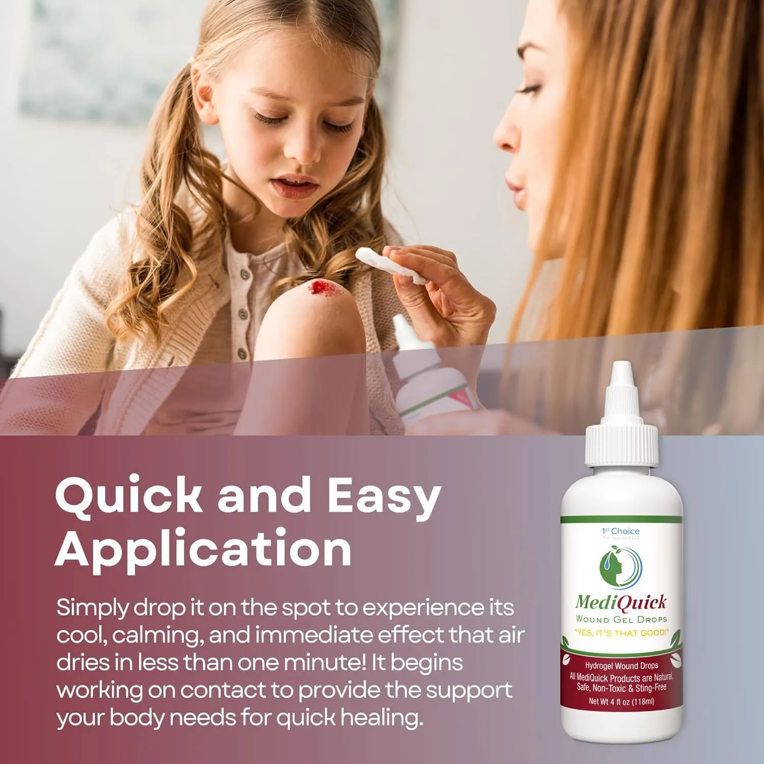 MediQuick Wound Gel Drops | Skin & Wound Repair Burn Gel Drops for Acne Rash Burns Cuts Eczema Itch Bites & More with 12 Hour Action | Safe Wound Wash with No Sting | 4 Oz