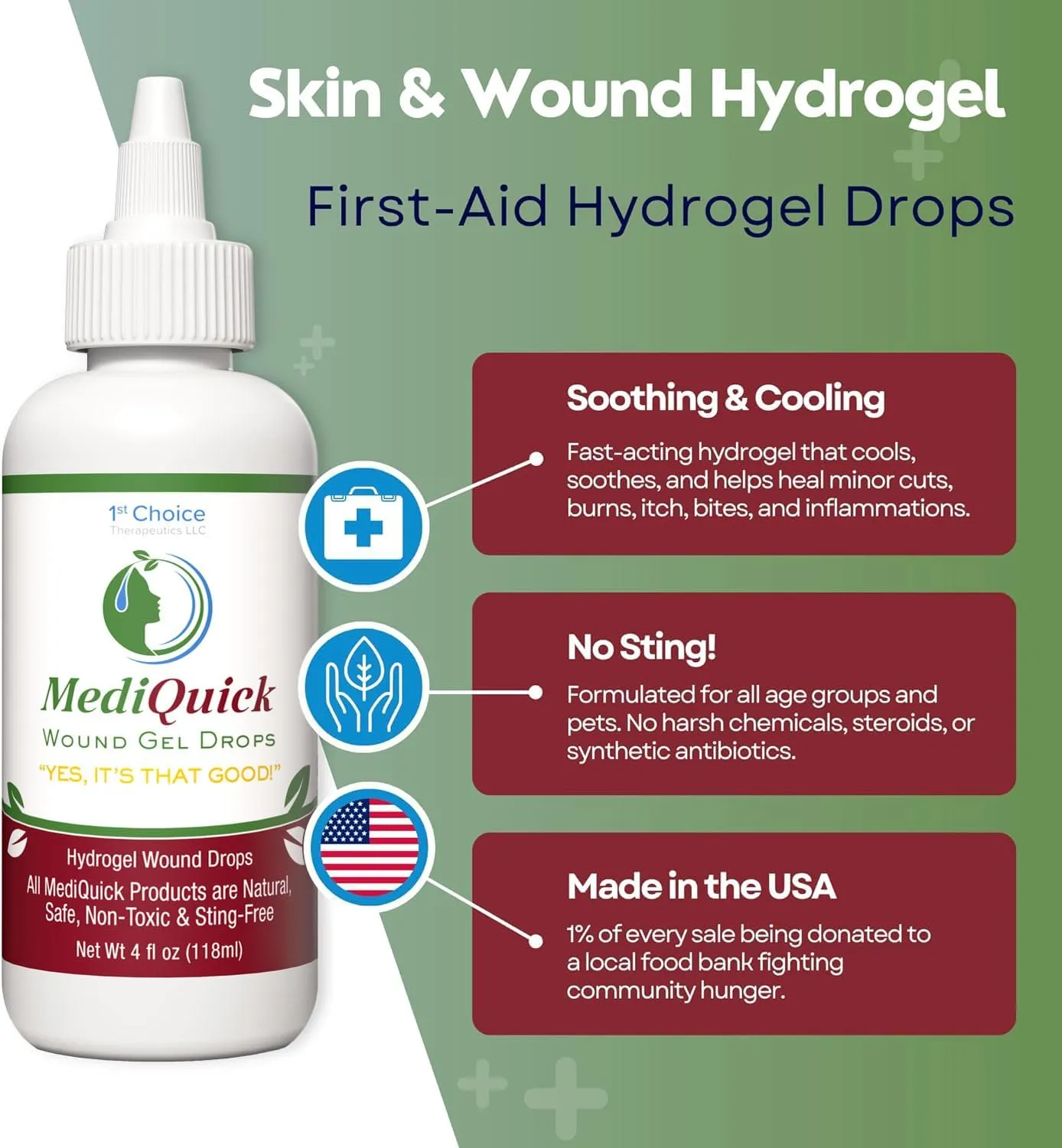 MediQuick Wound Gel Drops | Skin & Wound Repair Burn Gel Drops for Acne Rash Burns Cuts Eczema Itch Bites & More with 12 Hour Action | Safe Wound Wash with No Sting | 4 Oz