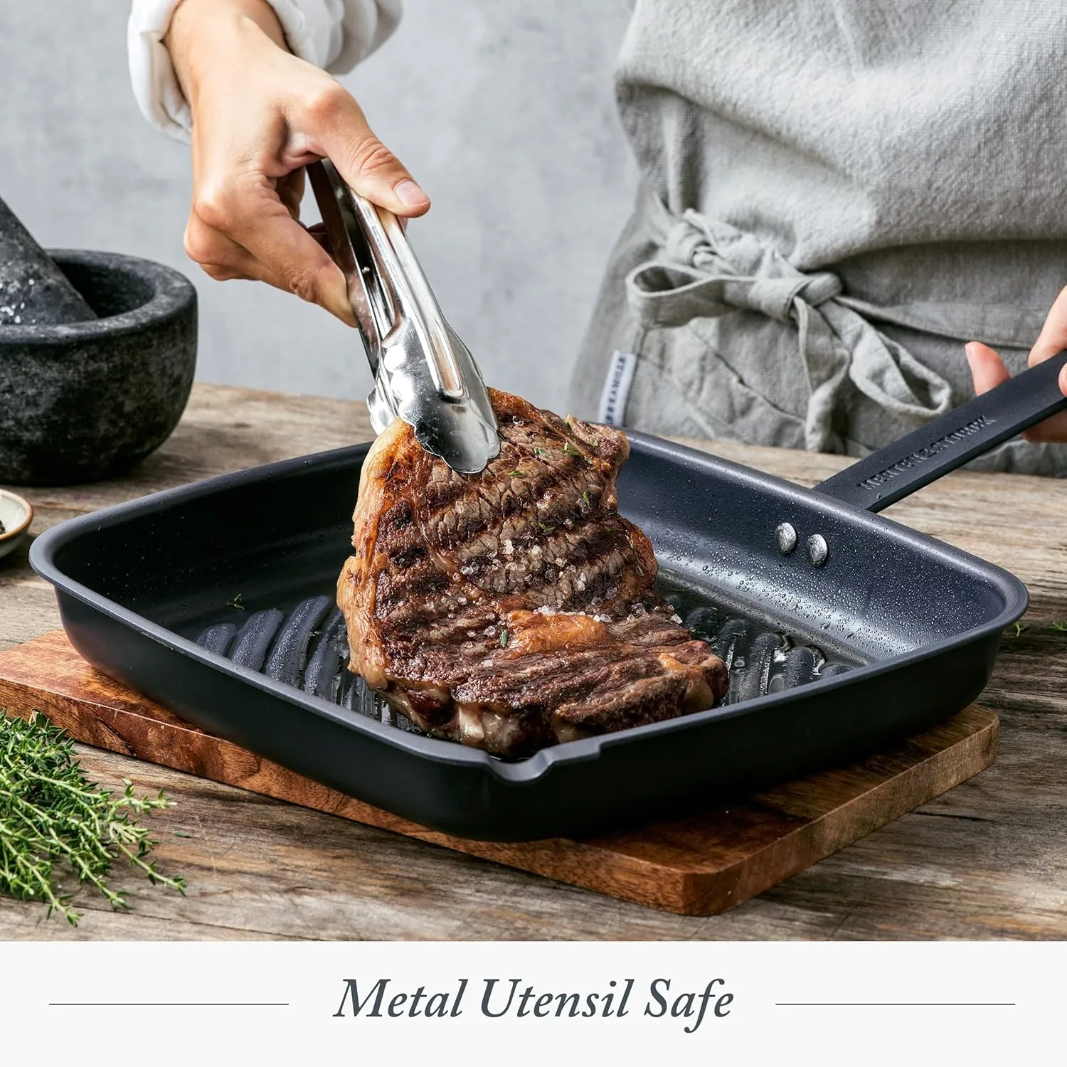 Merten & Storck Pre-Seasoned Carbon Steel 11" Square Grill Pan, Cast Iron, Lightweight & Durable, Sear Grill Broil Fry, Indoor Outdoor Cooking, Easy to Clean, Oven Safe, Induction, Steel Handle, Black