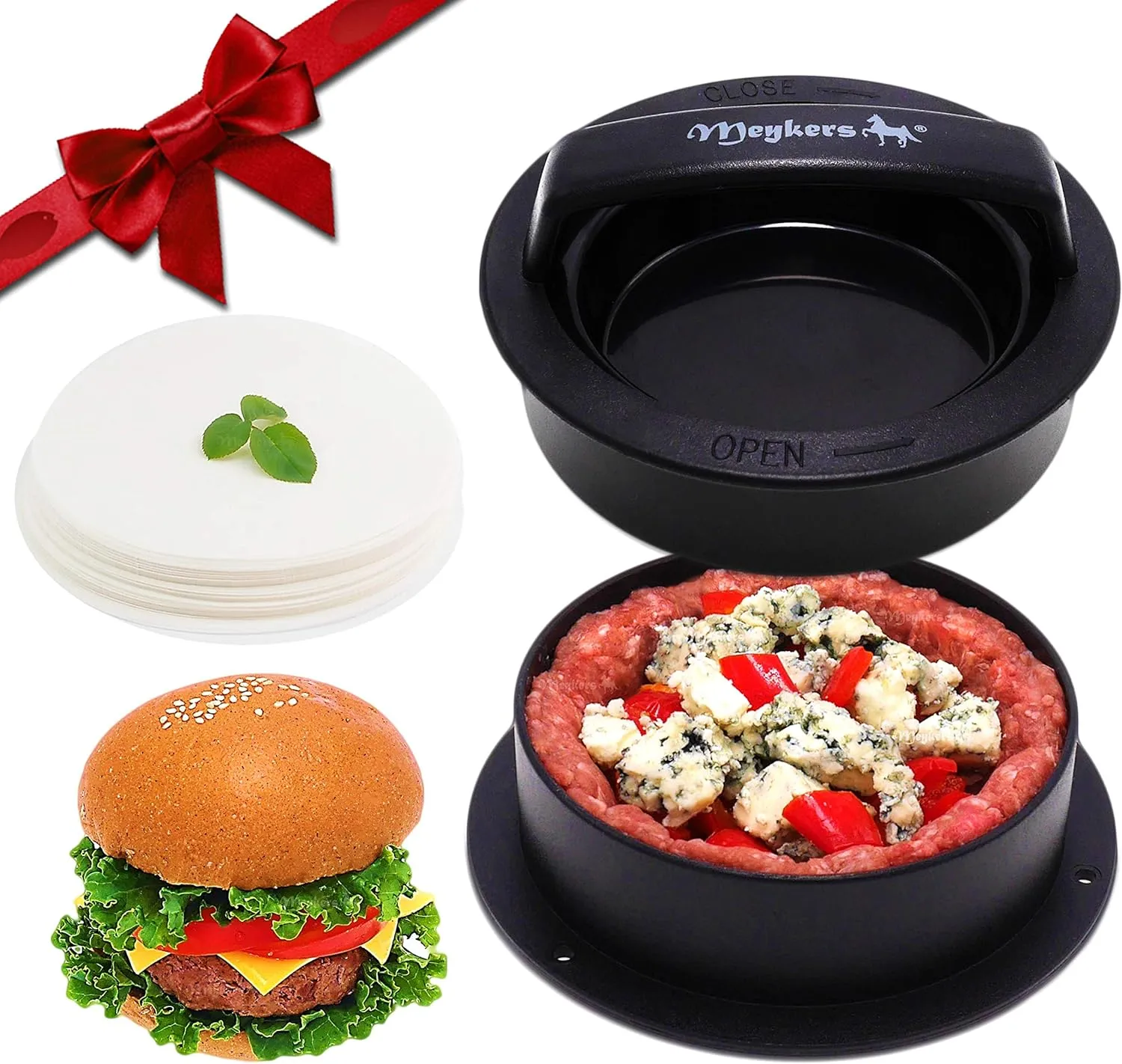 Meykers Burger Press - 3-in-1 Hamburger Patty Maker with Non-Stick Mold and 100 Wax Papers for Stuffed Cheeseburger, Slider
