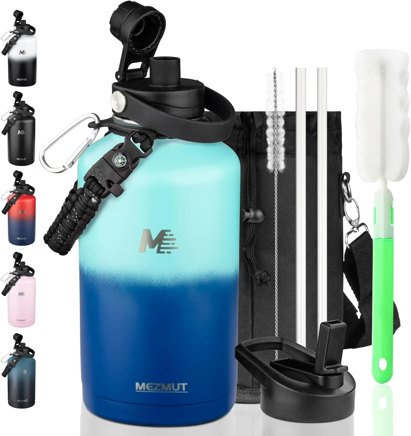 MEZMUT 64oz Insulated Water Bottle with Straw&2 Lids,Stainless Steel Water Bottle with Paracord Handle,Double Vacuum Large Sports Water Jug Leak-proof Keep Cold & Hot for Outdoor Camping Biking Trip