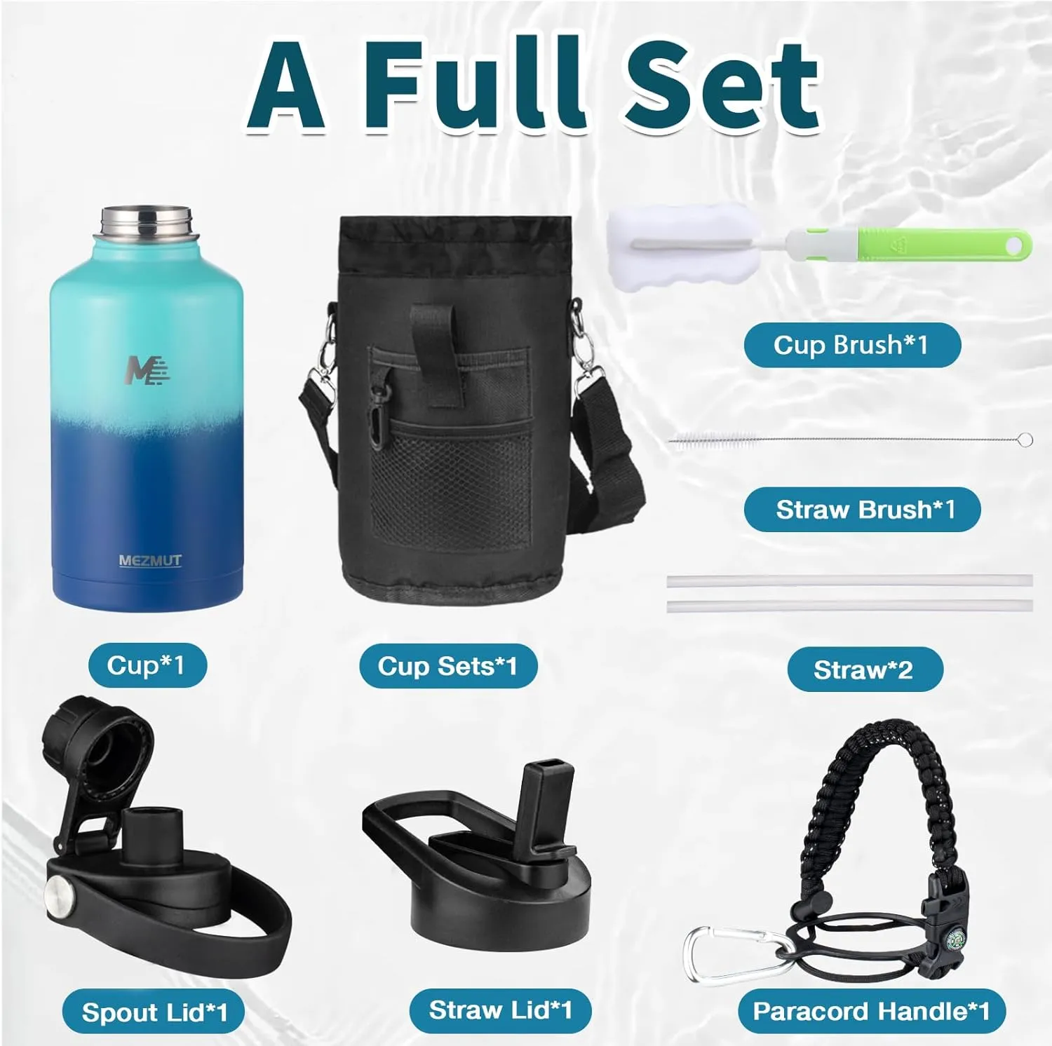 MEZMUT 64oz Insulated Water Bottle with Straw&2 Lids,Stainless Steel Water Bottle with Paracord Handle,Double Vacuum Large Sports Water Jug Leak-proof Keep Cold & Hot for Outdoor Camping Biking Trip