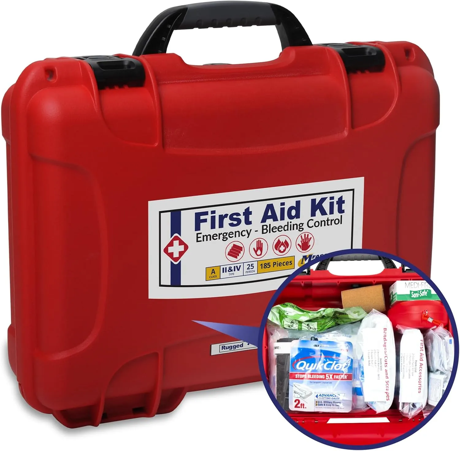 MFASCO Emergency First Aid & Bleeding Waterproof Case - Combination Kit, Indestructible Case, Blood Clotting Dressing & Tourniquet - 2021 OSHA & ANSI Class A Compliant - Great for Mobile Environments