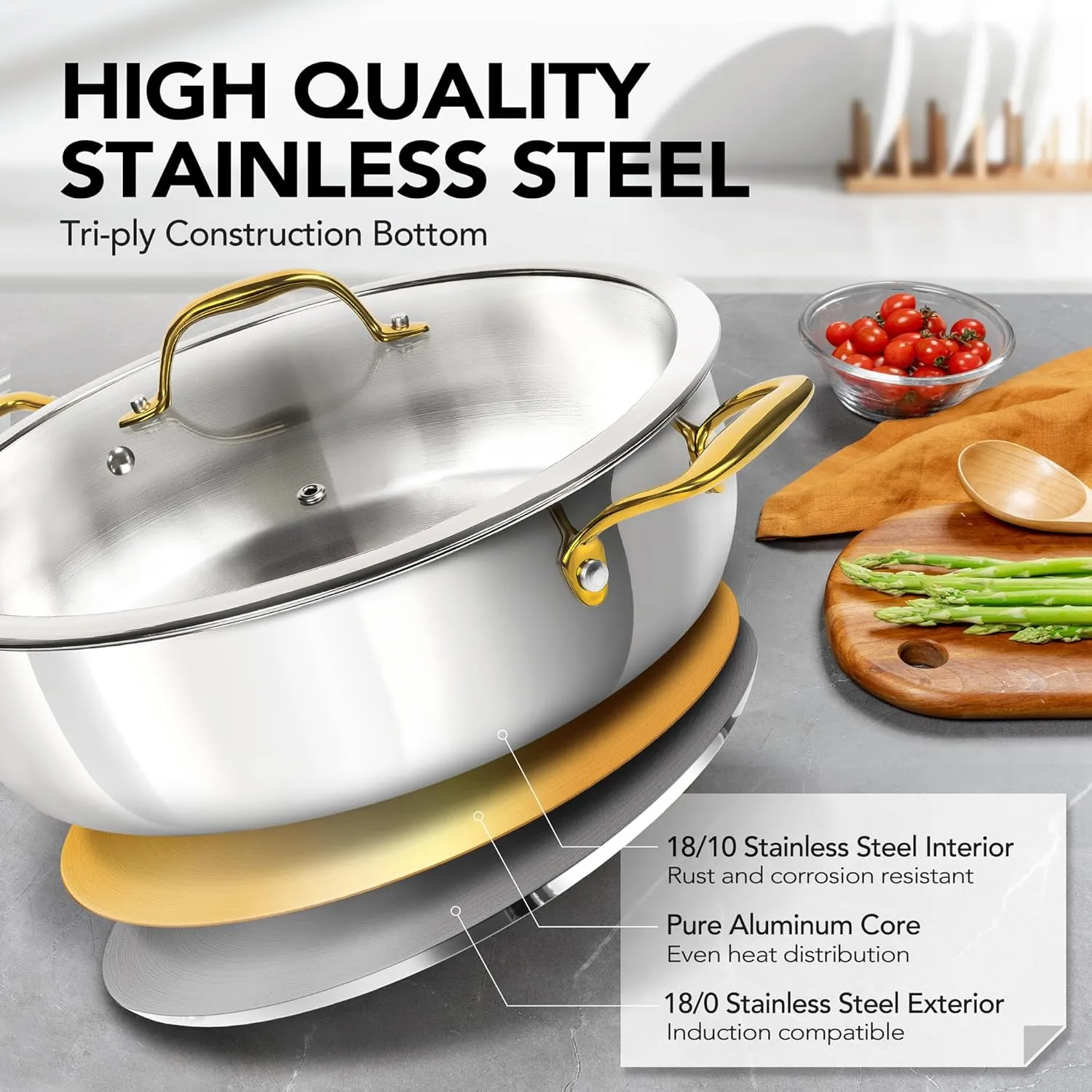 MICHELANGELO 12 Inch Stainless Steel Pan with Lid - Large Saute Pan with Lid, Deep Frying Pan Dishwasher & Oven-Safe, All Cooktops Compatible, 6 Quart