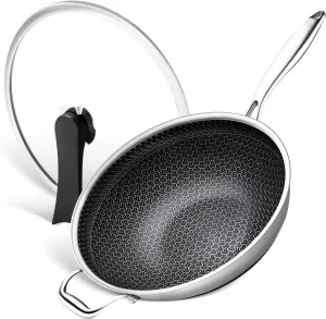 MICHELANGELO Honeycomb Wok Pan with Lid, 12.5 Inch Stainless Steel Woks & Stir-fry Pans with Stay Cool Handle, Flat Bottom Wok with Vertical Lid, Induction Wok, Dishwasher Oven Safe