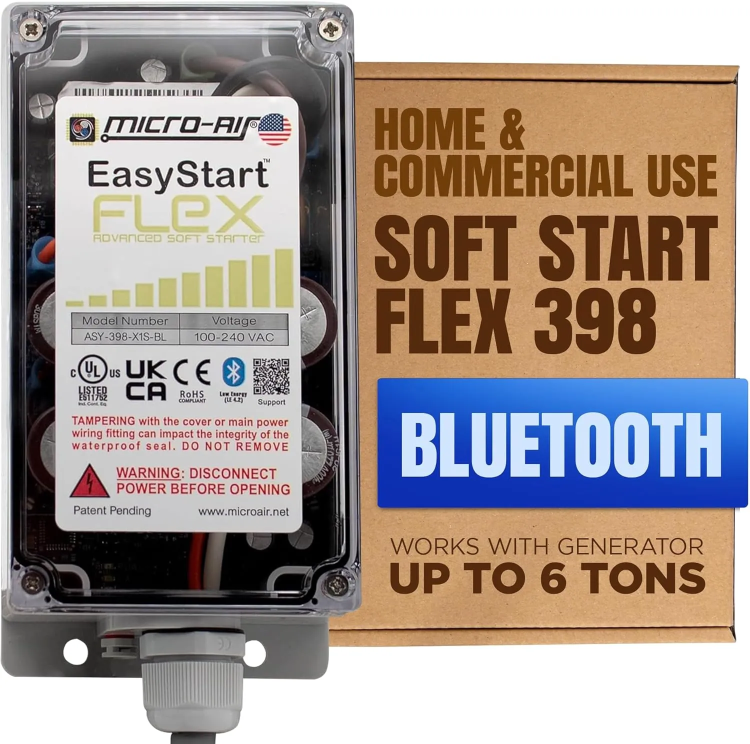 MICRO-AIR EasyStart FLEX 398 - Bluetooth Soft Start Kit for Home Air Conditioner, RV & Commercial Use, Works with Generators, Reduces Power Surge, Efficient Start-Up - Up to 6 Tons
