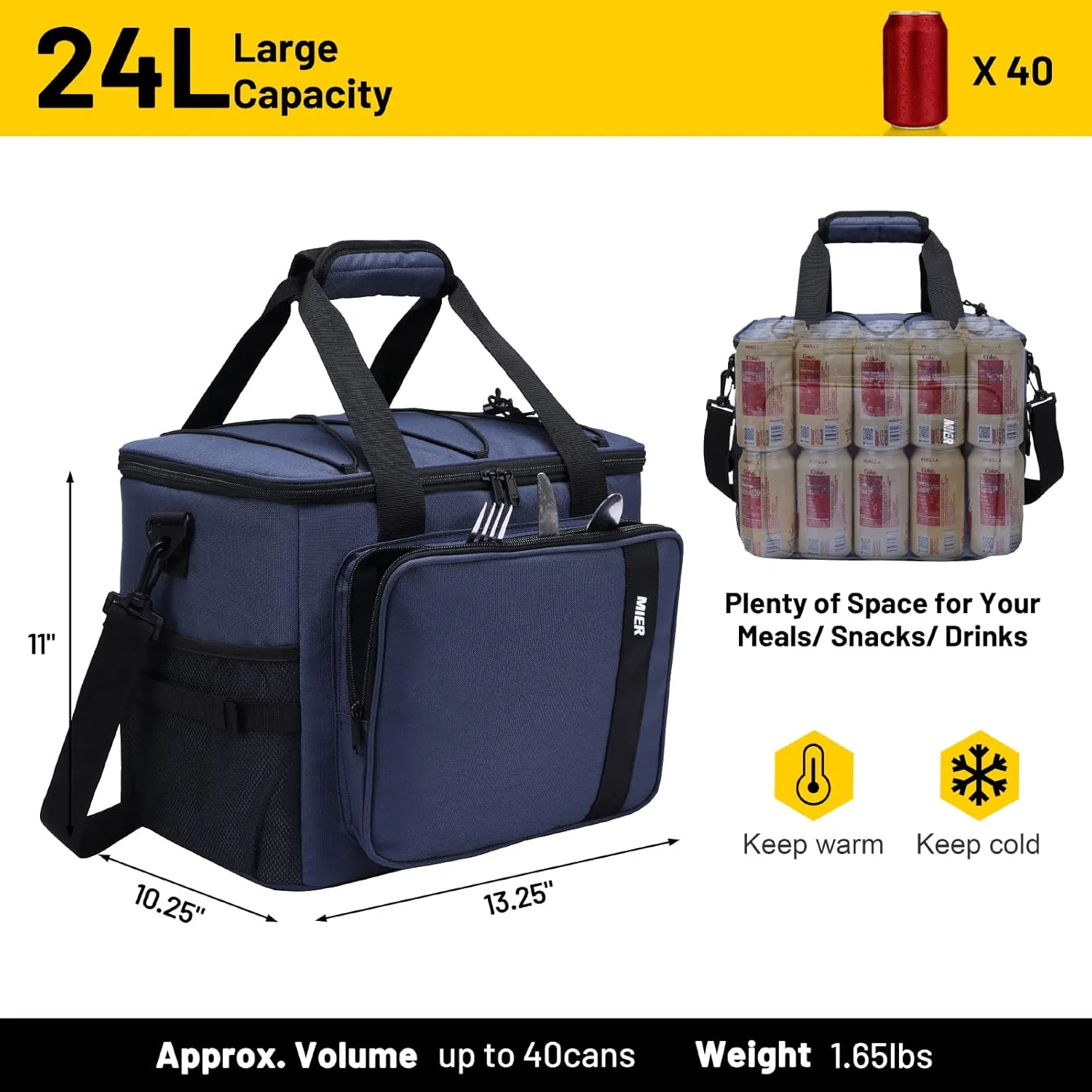 MIER Collapsible Lunch Cooler Bags Insulated 40 Cans/24L Large Soft Sided Coolers Bag Leakproof Lunch Box with Bottle Opener for Outdoor Travel Beach Picnic Camping Grocery Shopping, Blue