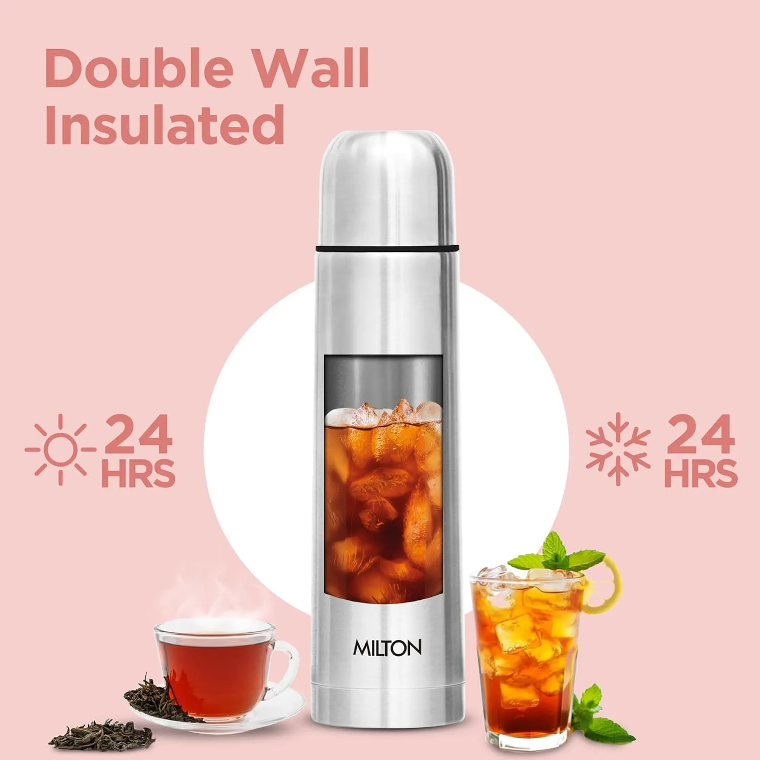 Milton Small Vacuum Flask for Hot Drink 350 ml (12 oz), Stainless Steel Double Walled Insulated Water Bottle for 24 Hour Hot and Cold Drinks, Leak proof, BPA Free,Thermosteel Flip Lid Set of -2