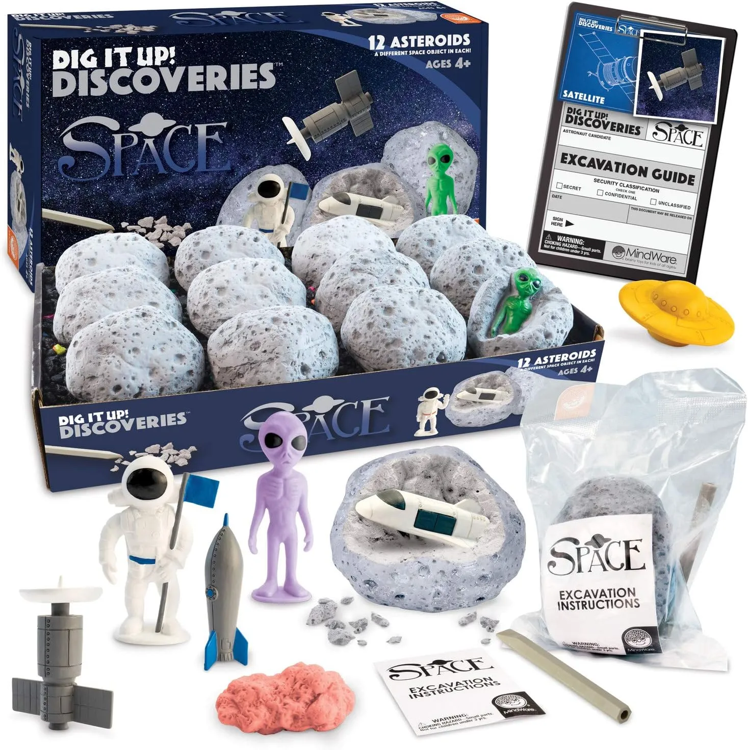 MindWare Dig It Up! Discoveries Space Kit for Kids - Dig Toys with 12 Clay Asteroids, 12 Kids Space Toys, 12 Chiseling Tools and Instructions – Ages 4 and Up