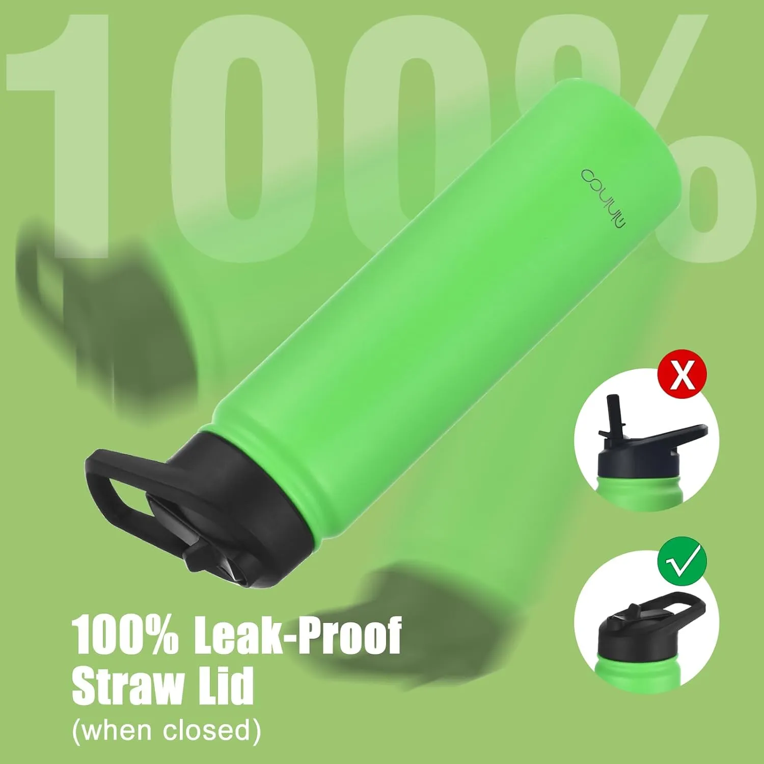 mininoo 24 oz Insulated Water Bottle with Straw, Stainless Steel Double Wall Vacuum with Straw Lid & Chug Lid, Leak Proof, BPA Free, Keep Cold for 24H & Hot for 12H(Green)