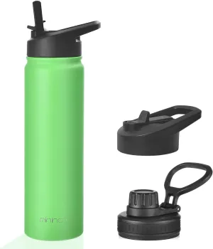 mininoo 24 oz Insulated Water Bottle with Straw, Stainless Steel Double Wall Vacuum with Straw Lid & Chug Lid, Leak Proof, BPA Free, Keep Cold for 24H & Hot for 12H(Green)