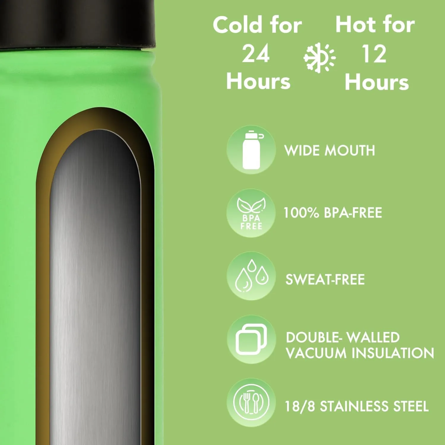 mininoo 24 oz Insulated Water Bottle with Straw, Stainless Steel Double Wall Vacuum with Straw Lid & Chug Lid, Leak Proof, BPA Free, Keep Cold for 24H & Hot for 12H(Green)