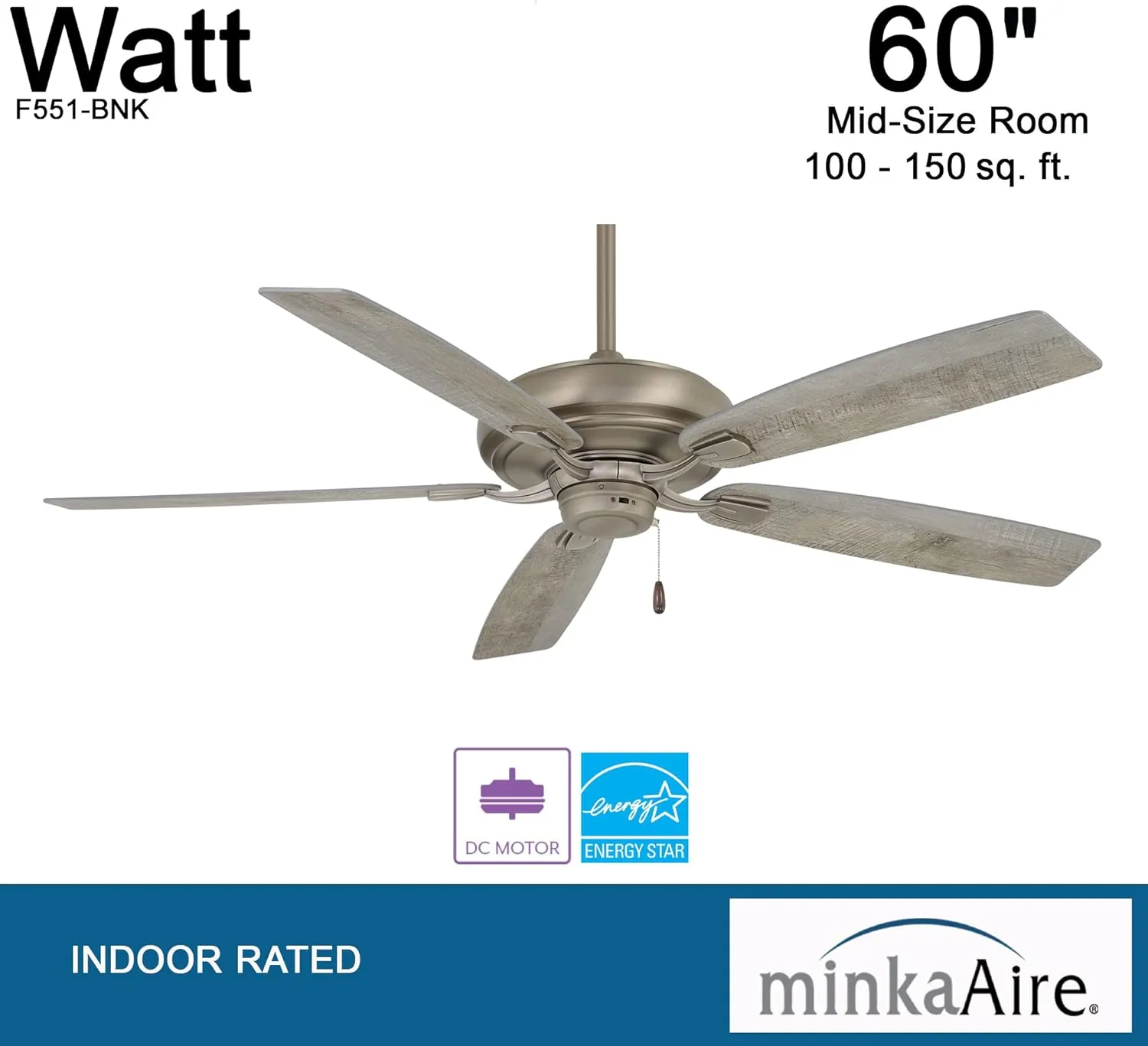 MINKA-AIRE F551-BNK Watt 60 Inch Energy Star Rated Ceiling Fan with DC Motor and 4 Speed Pull Chain in Burnished Nickel Finish