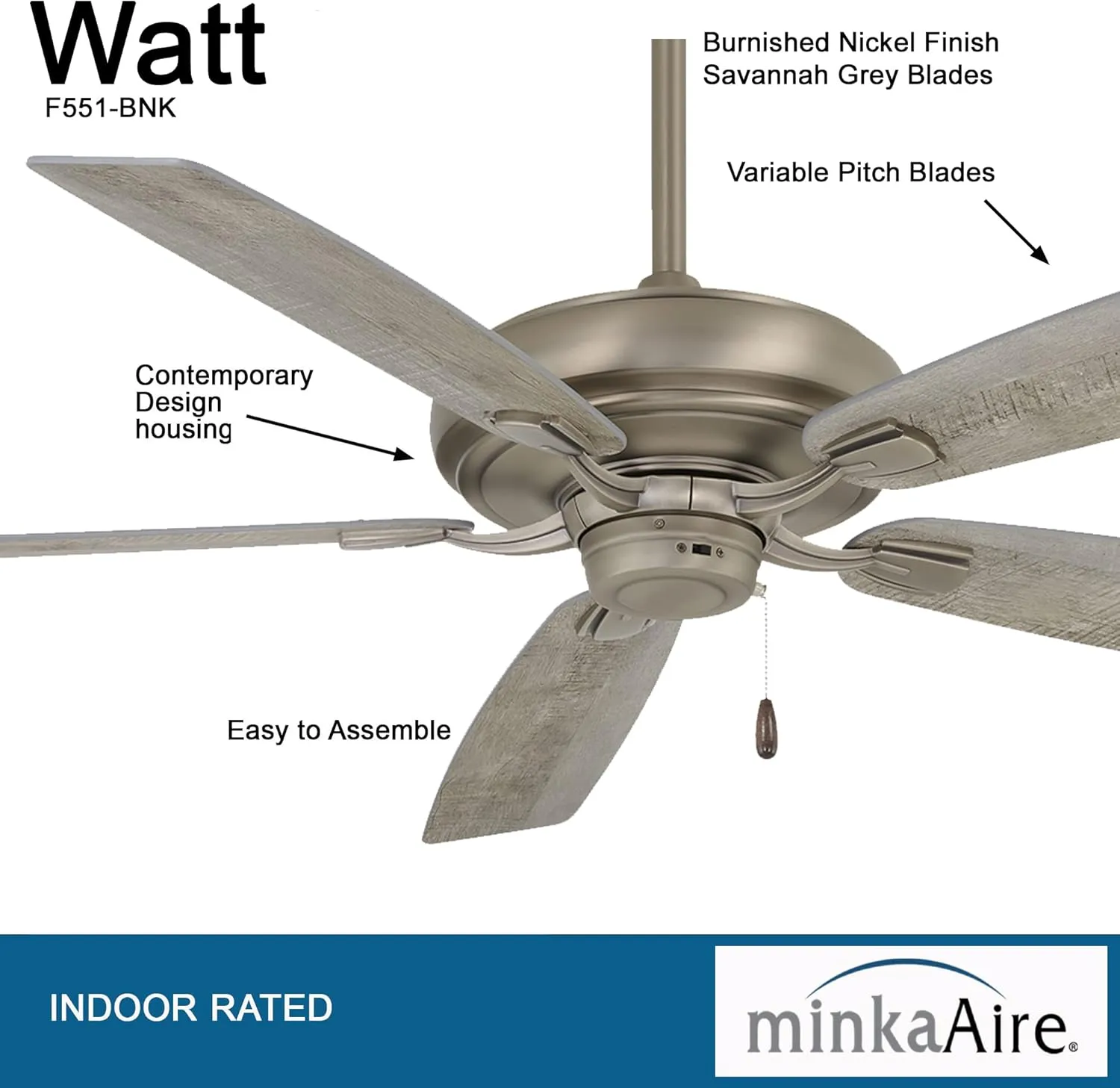 MINKA-AIRE F551-BNK Watt 60 Inch Energy Star Rated Ceiling Fan with DC Motor and 4 Speed Pull Chain in Burnished Nickel Finish