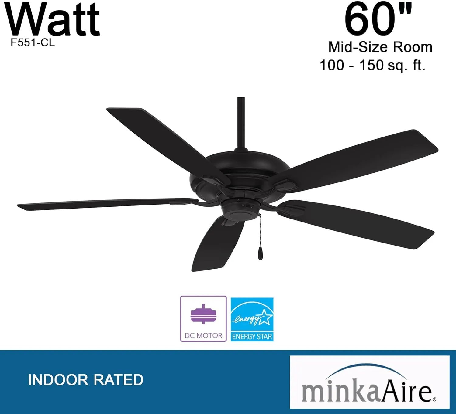 MINKA-AIRE F551-CL Watt 60 Inch Energy Star Rated Ceiling Fan with DC Motor and 4 Speed Pull Chain in Coal Finish