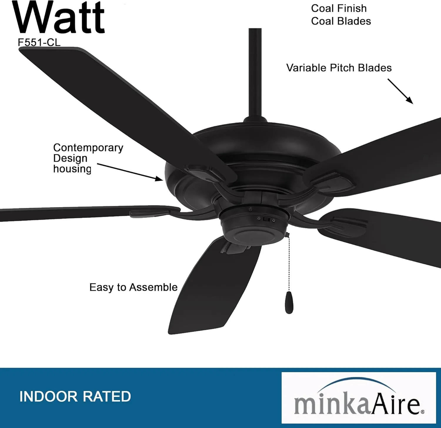 MINKA-AIRE F551-CL Watt 60 Inch Energy Star Rated Ceiling Fan with DC Motor and 4 Speed Pull Chain in Coal Finish