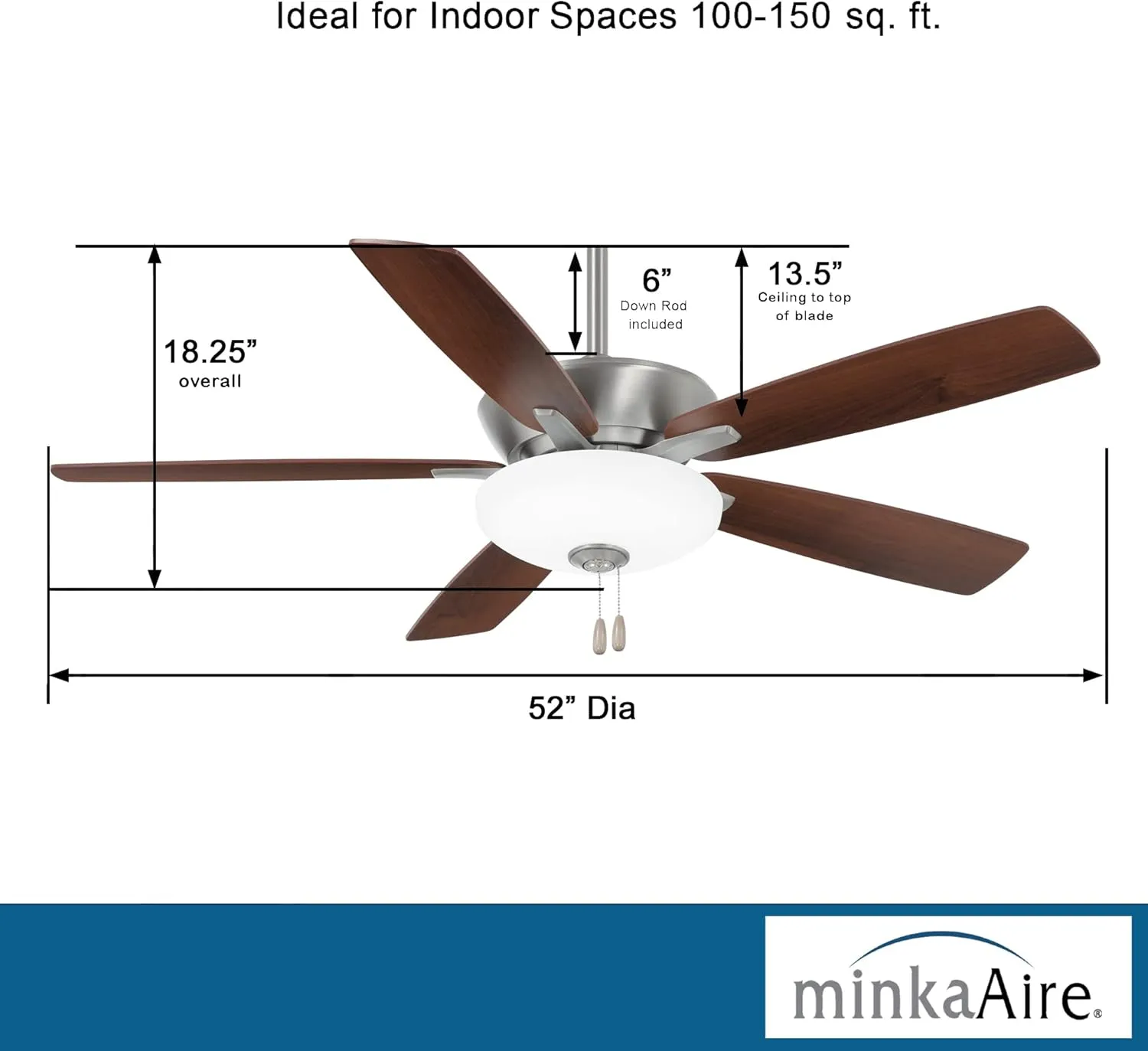 MINKA-AIRE F553L-BN/DW Minute 52 Inch LED Energy Star Rated Ceiling Fan with DC Motor and 3 Speed Pull Chain in Brushed Nickel Finish and Dark Walnut/Medium Maple Blades