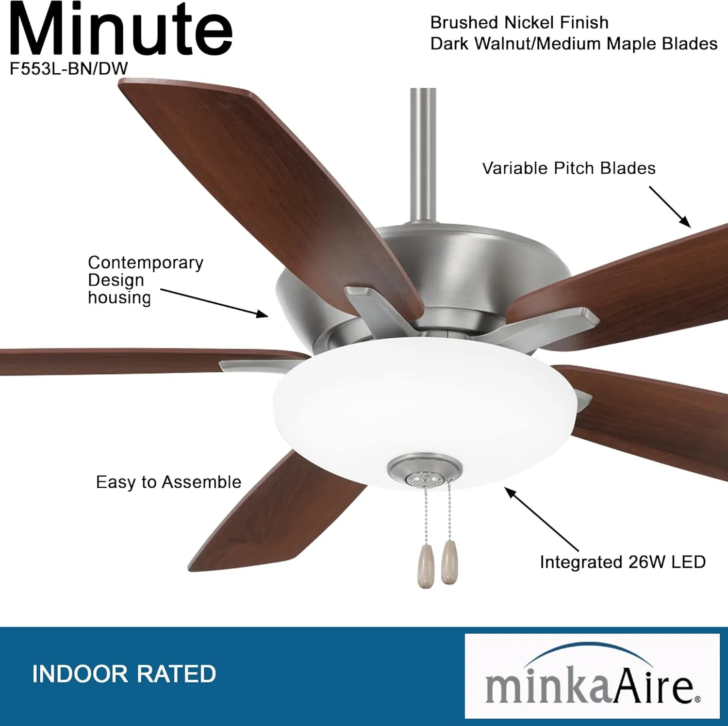 MINKA-AIRE F553L-BN/DW Minute 52 Inch LED Energy Star Rated Ceiling Fan with DC Motor and 3 Speed Pull Chain in Brushed Nickel Finish and Dark Walnut/Medium Maple Blades