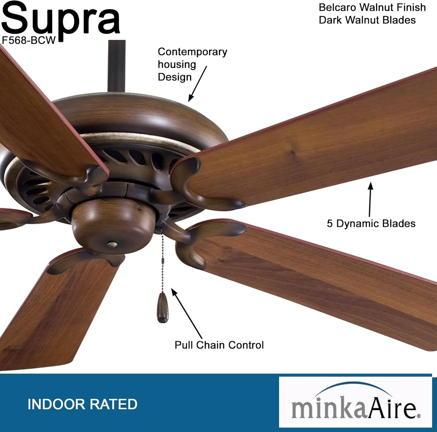 Minka-Aire F568-BCW Supra 52 Inch Pull Chain Ceiling Fan in Belcaro Walnut Finish