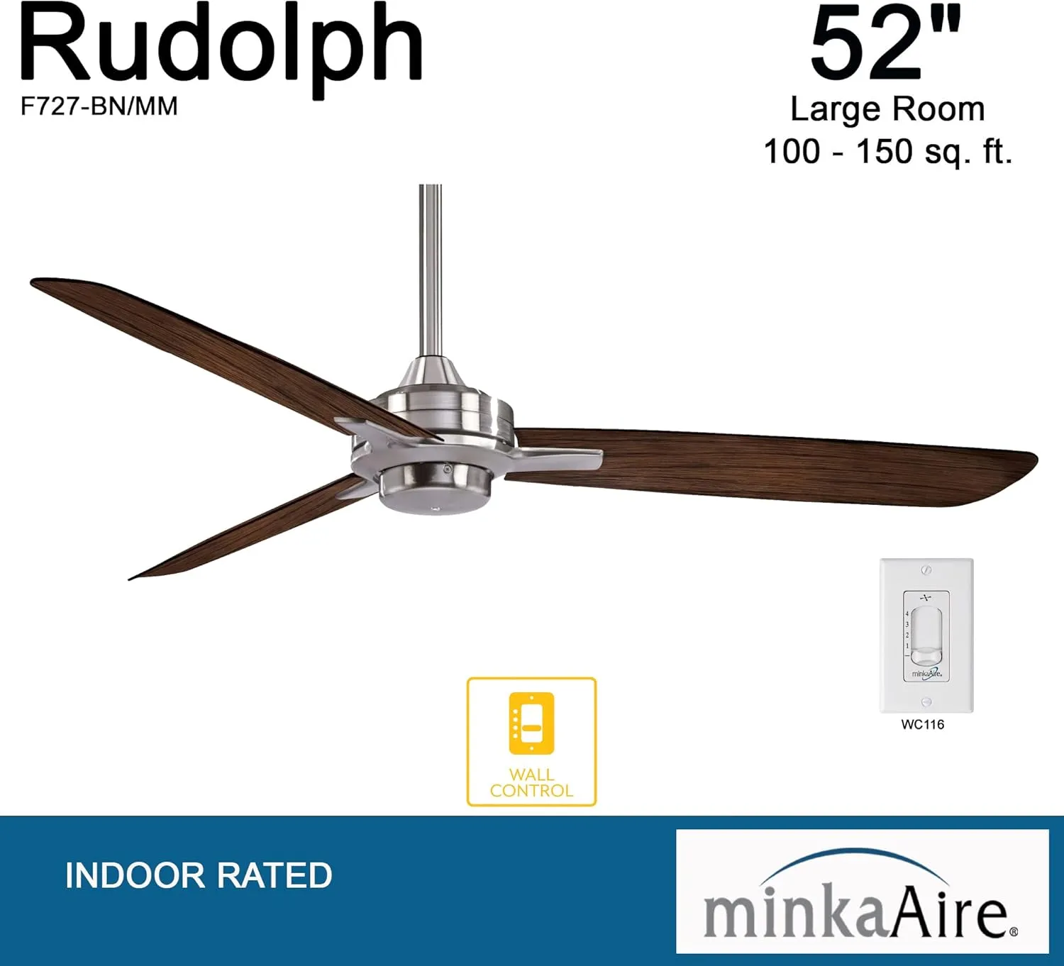 Minka-Aire F727-BN/MM, Rudolph 52" Ceiling Fan, Brushed Nickel Finish with Medium Maple Blades