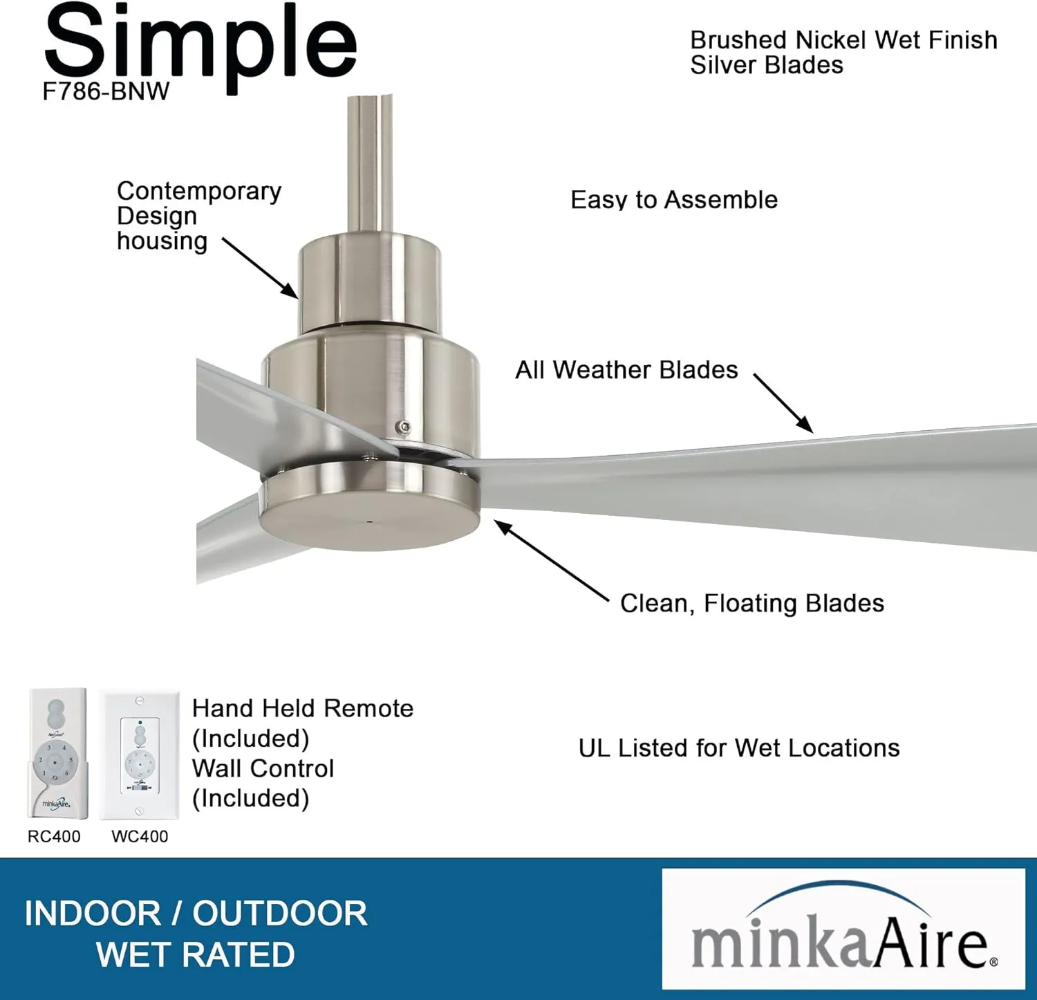 MINKA-AIRE F786-BNW Simple - 44" Outdoor 3-Blade Ceiling Fan, Brushed Nickel Wet Finish with Silver Blades and Additional Wall Control