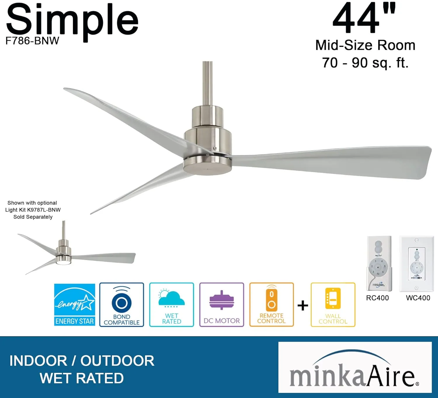 MINKA-AIRE F786-BNW Simple - 44" Outdoor 3-Blade Ceiling Fan, Brushed Nickel Wet Finish with Silver Blades and Additional Wall Control