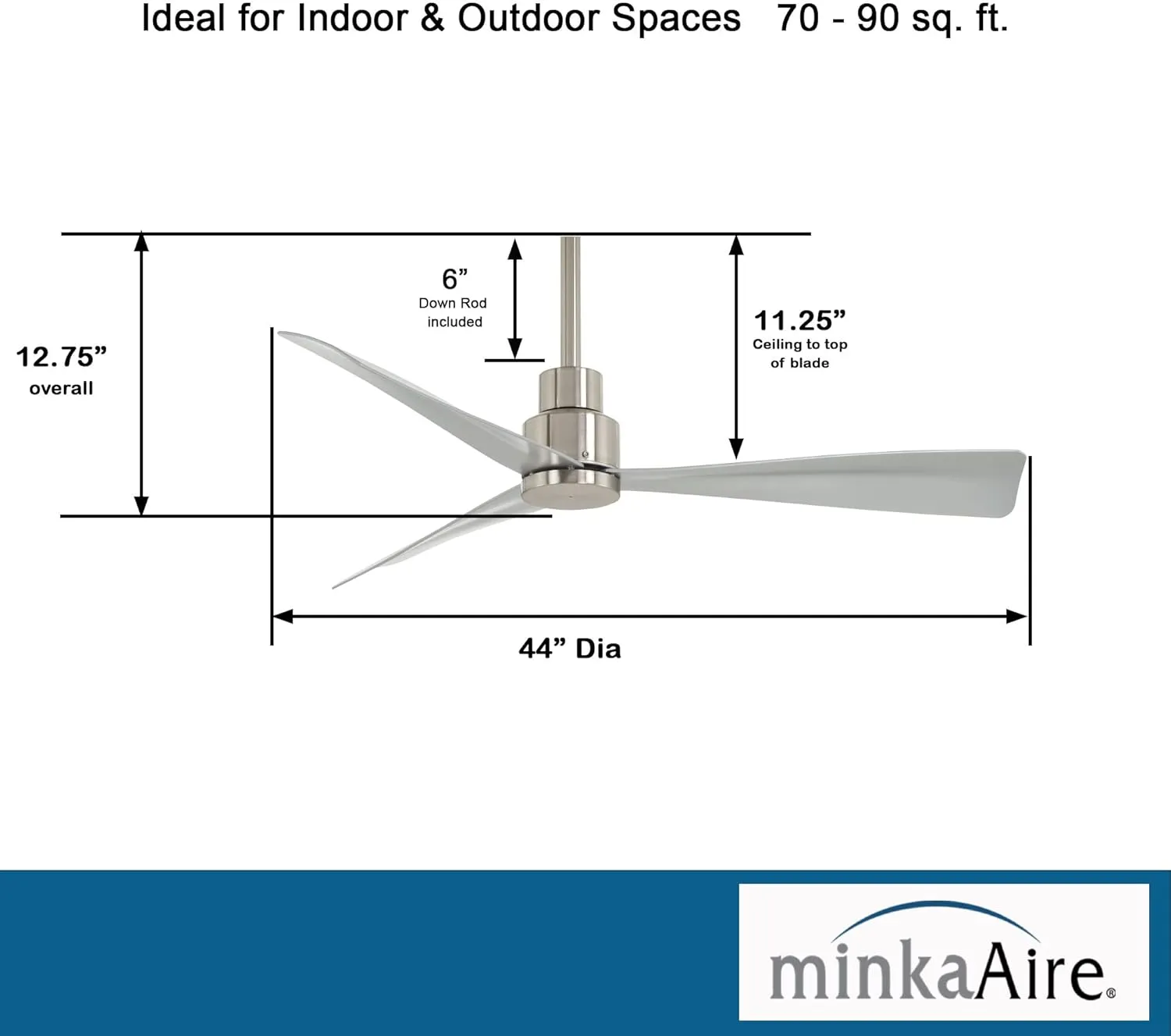MINKA-AIRE F786-BNW Simple - 44" Outdoor 3-Blade Ceiling Fan, Brushed Nickel Wet Finish with Silver Blades and Additional Wall Control