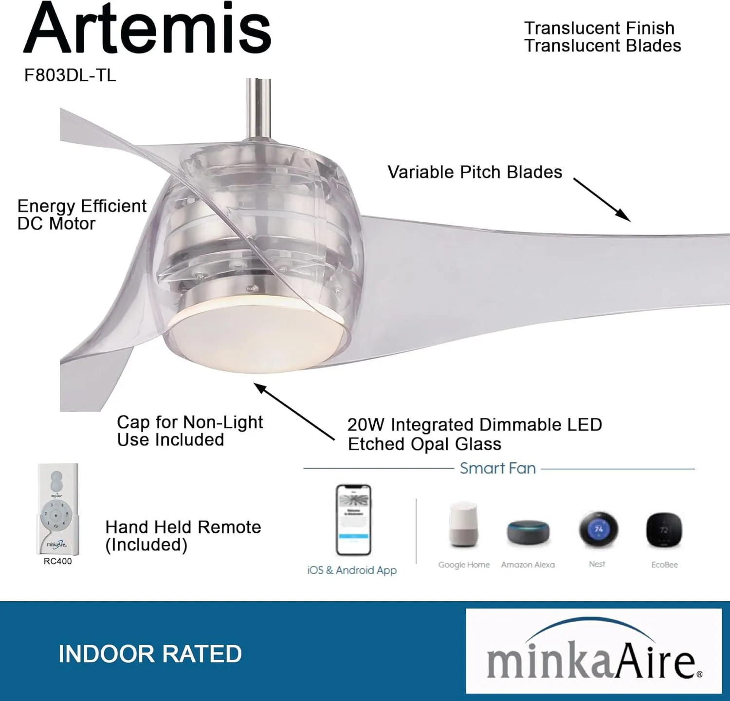 Minka-Aire F803DL-TL Artemis LED 58" Ceiling Fan with Lights & Remote Control, Translucent