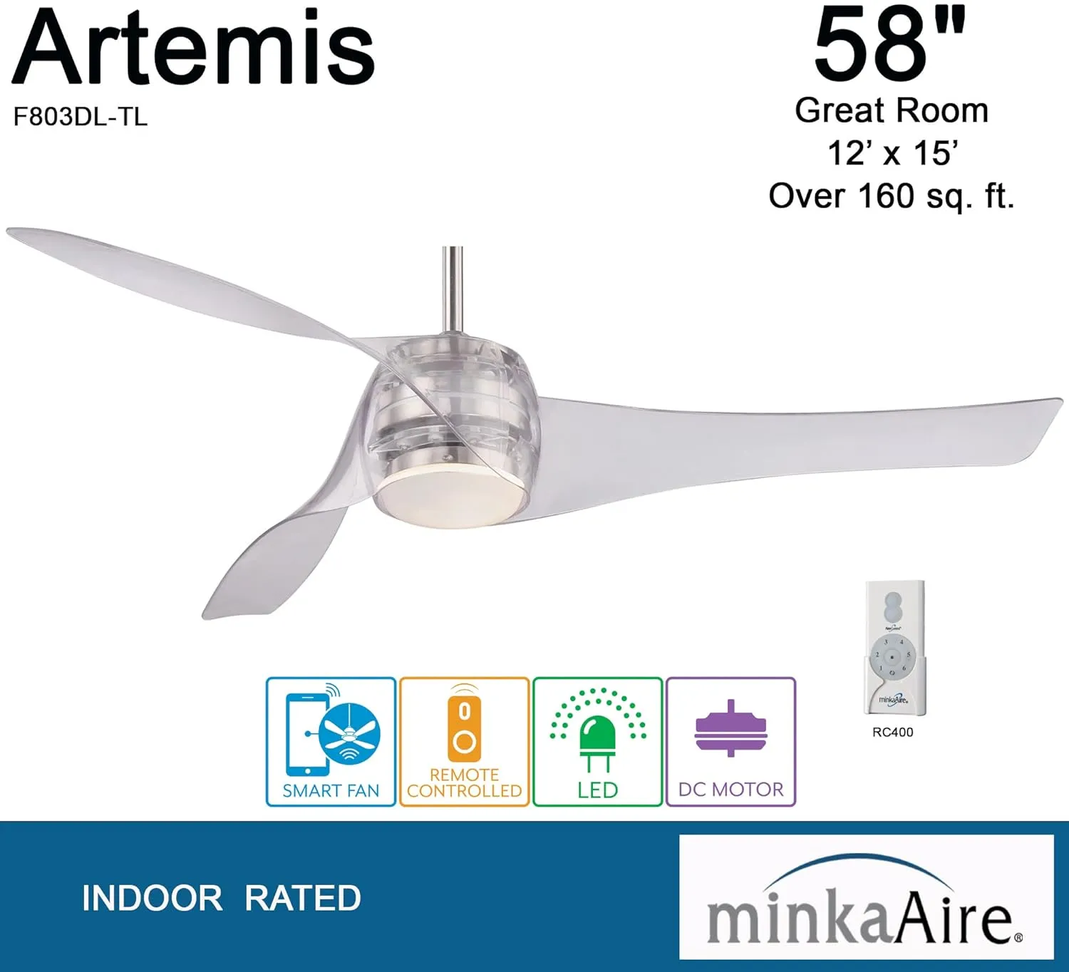 Minka-Aire F803DL-TL Artemis LED 58" Ceiling Fan with Lights & Remote Control, Translucent