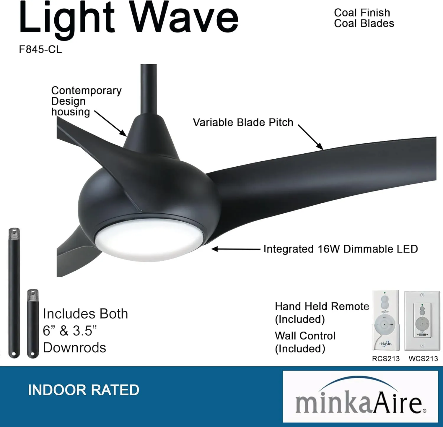 MINKA-AIRE F845-CL Light Wave 44" Ceiling Fan, Coal Finish with Remote and Additional Wall Control and 3.5 Inch Downrod……
