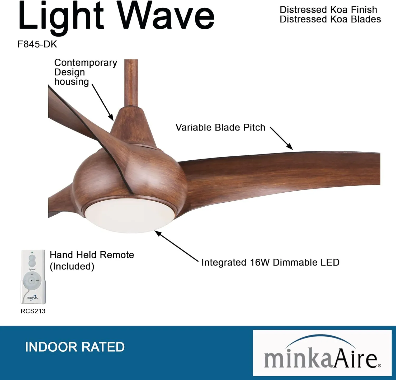 MINKA-AIRE F845-DK Light Wave 44 inch Ceiling Fan with LED Light and Remote Control, Brown Distressed Koa Finish