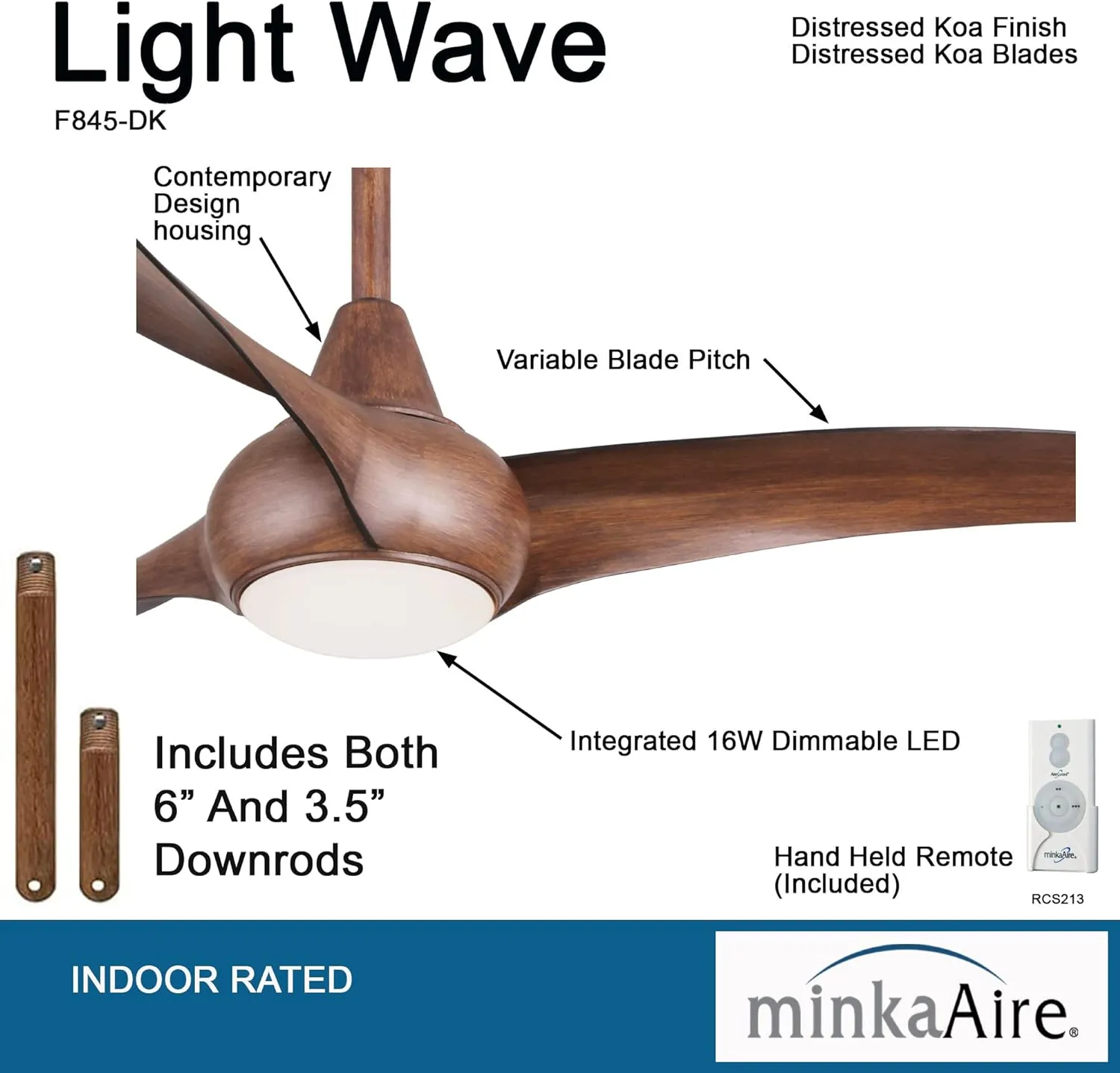 MINKA-AIRE F845-DK Light Wave LED 44" Distressed Koa Low Profile Ceiling Fan with Light, Remote Control and 3.5 Inch Downrod