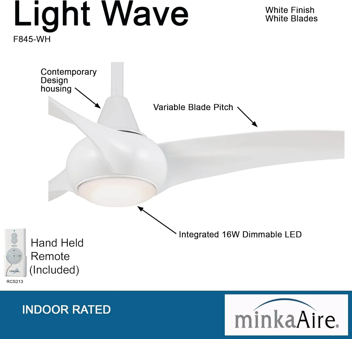 MINKA-AIRE F845-WH Light Wave 44" Ceiling Fan with LED Light and Remote Control in White Finish