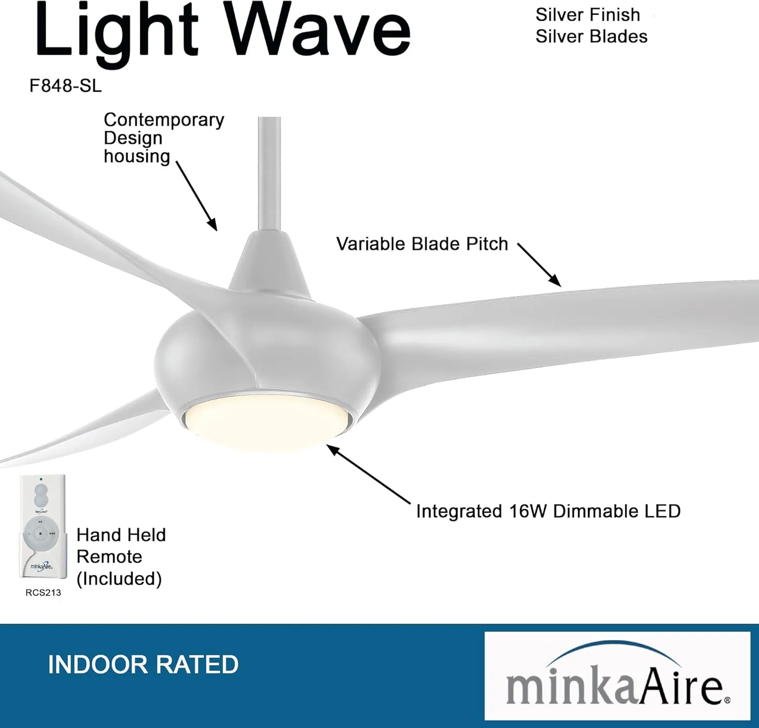 MINKA-AIRE F848-SL Light Wave 65" Ceiling Fan with LED Light and Remote Control in Silver Finish