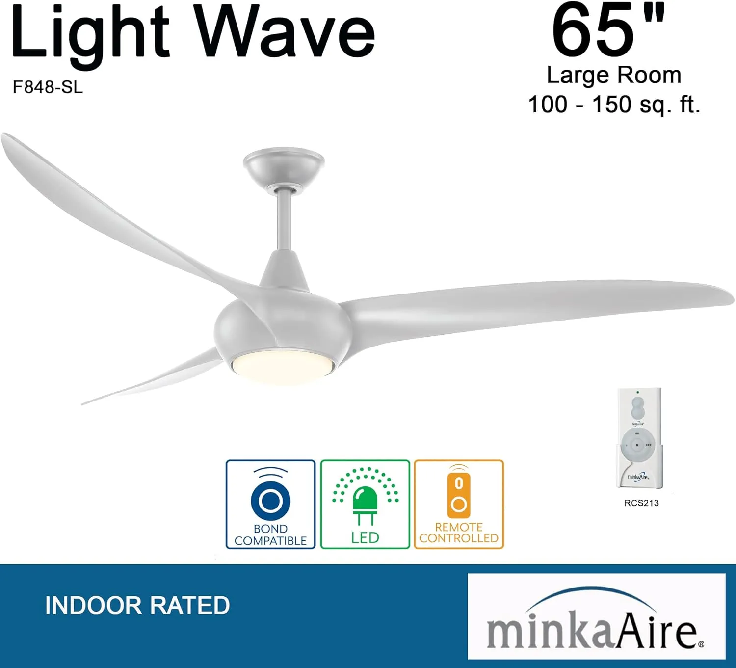 MINKA-AIRE F848-SL Light Wave 65" Ceiling Fan with LED Light and Remote Control in Silver Finish