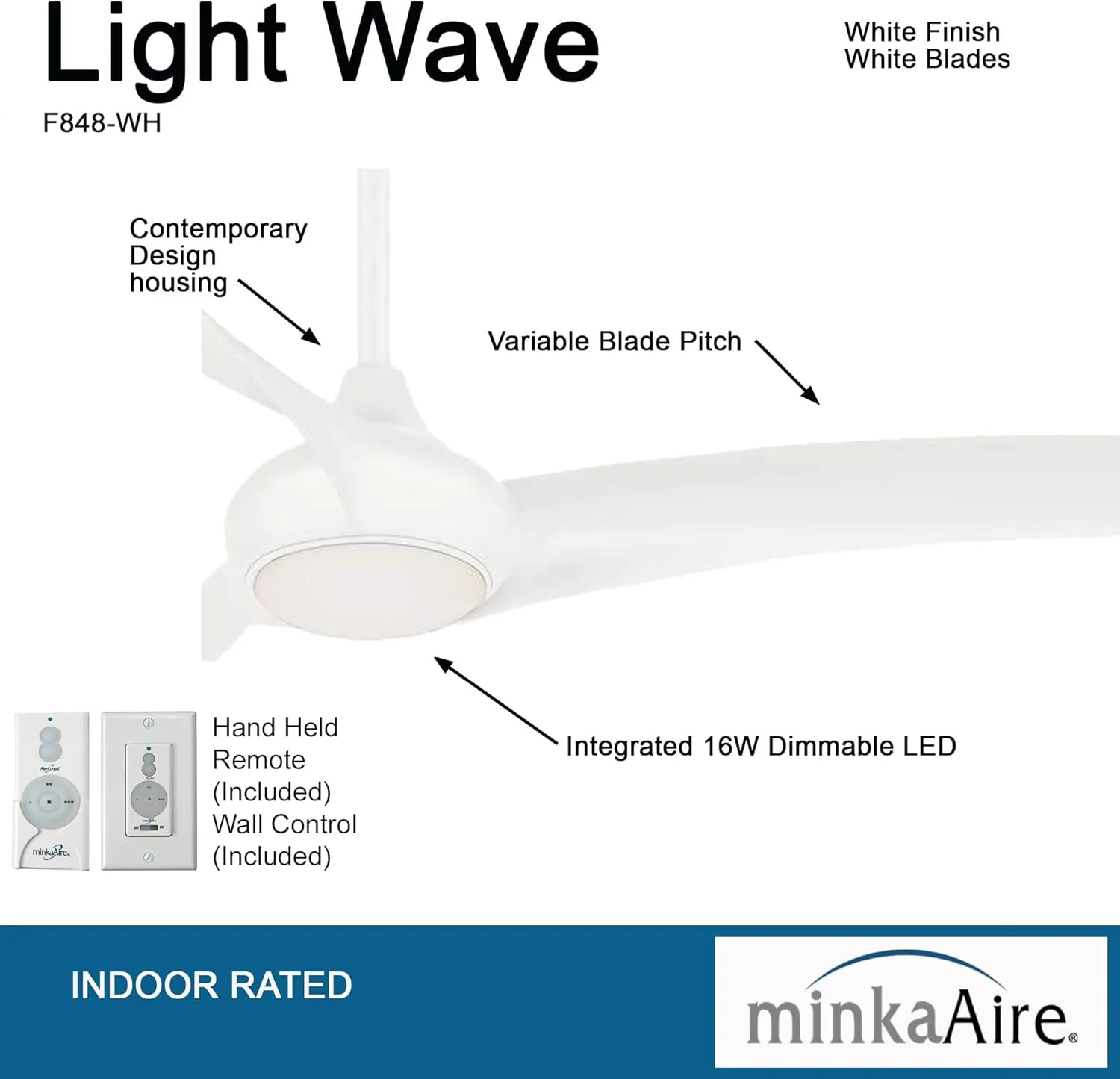 MINKA-AIRE F848-WH Light Wave 65" Ceiling Fan, White Finish with Remote and Additional Wall Control