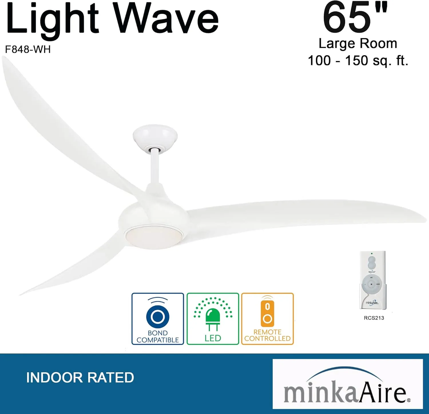 MINKA-AIRE F848-WH Light Wave 65" Ceiling Fan with LED Light and Remote Control in White Finish