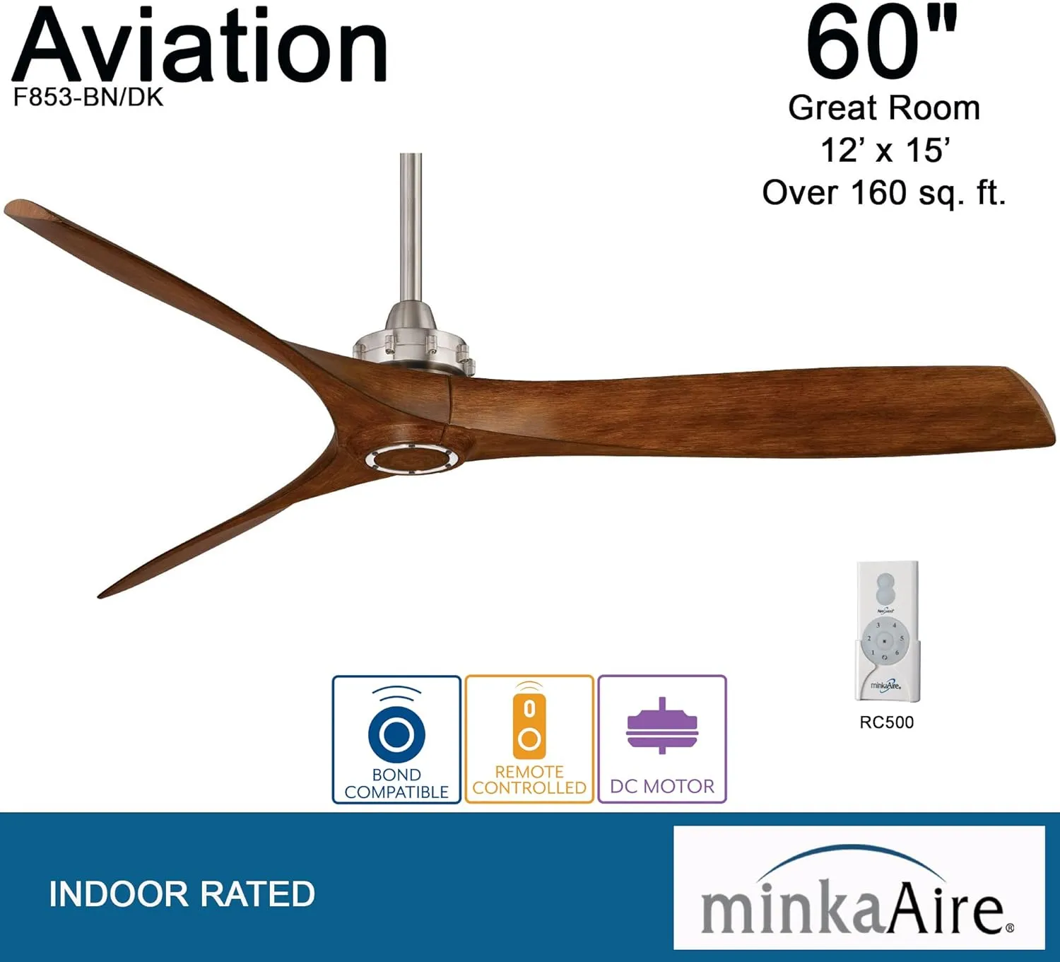 Minka-Aire F853-BN/DK, Aviation, 60" Ceiling Fan, Brushed Nickel
