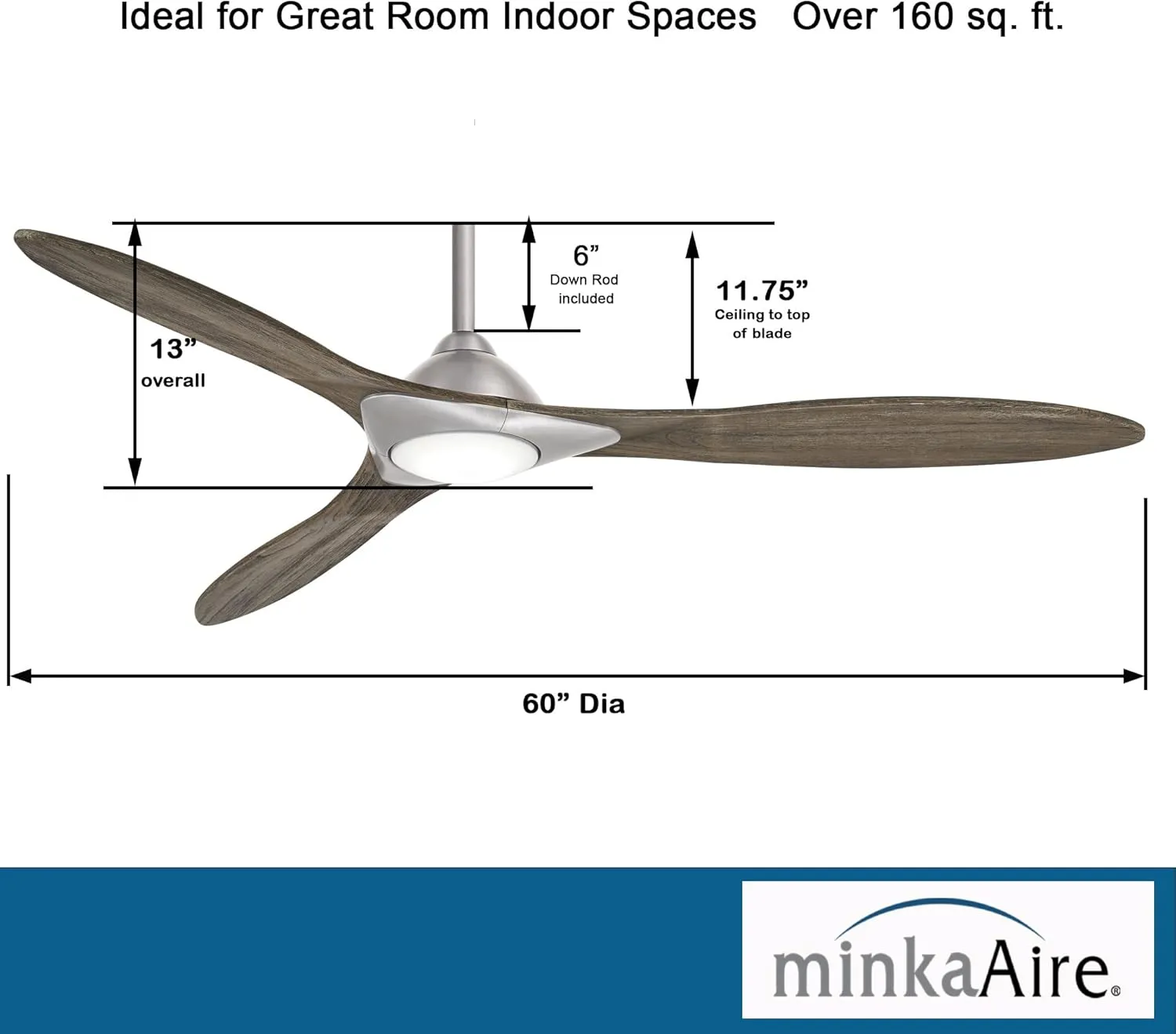 Minka Aire F868L-BN Sleek 60" Ceiling Fan with LED Light and Remote Control, Brushed Nickel