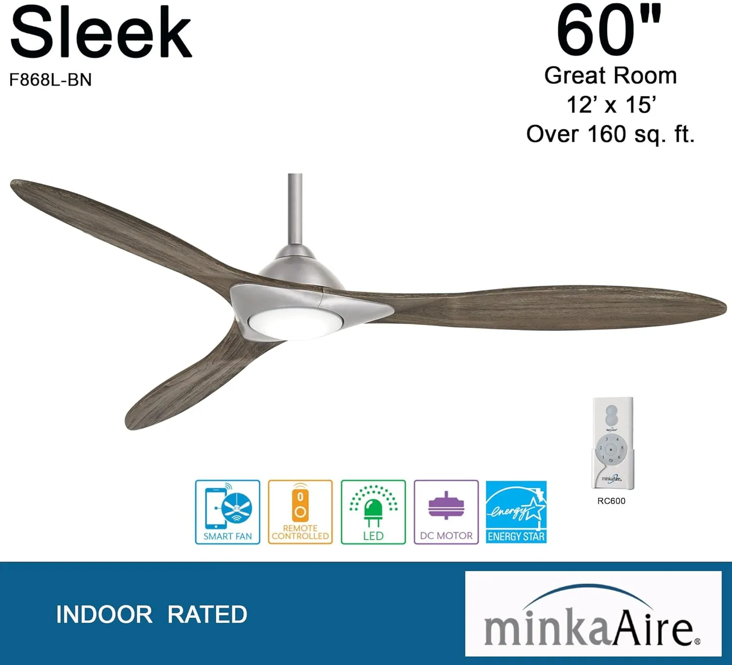 Minka Aire F868L-BN Sleek 60" Ceiling Fan with LED Light and Remote Control, Brushed Nickel