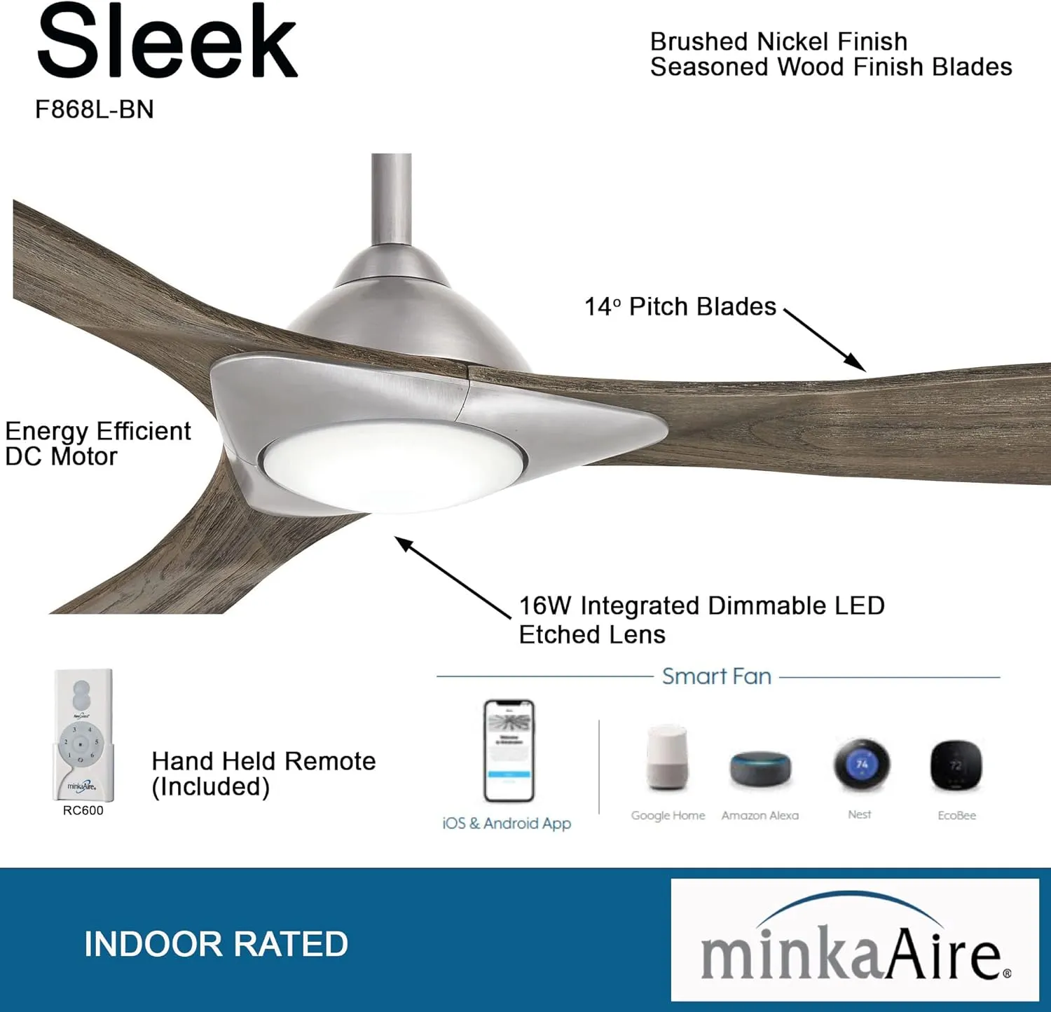 Minka Aire F868L-BN Sleek 60" Ceiling Fan with LED Light and Remote Control, Brushed Nickel