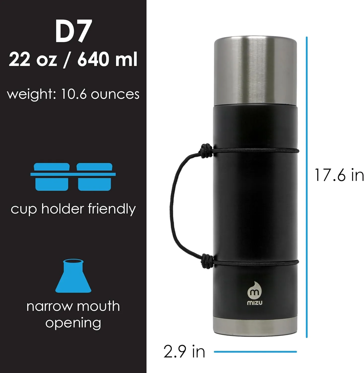 Mizu D7 22 oz. Vacuum Insulated Stainless Steel Bottle Thermos | Narrow Mouth with Leak Proof Cap   Cup Lid, Black
