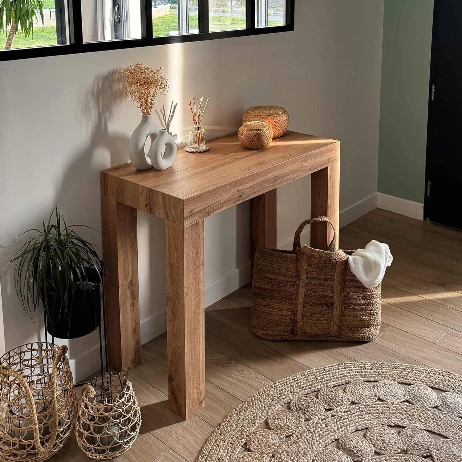 Mobili Fiver, First, Extendable Console Table 17.7(120) x35.4 in, Rustic Oak, for 4-14 People, Space-Saving Dining Table, Italian Furniture