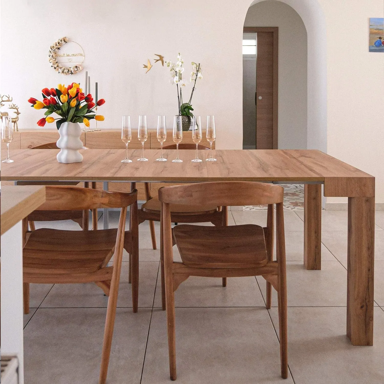 Mobili Fiver, First, Extendable Console Table 17.7(120) x35.4 in, Rustic Oak, for 4-14 People, Space-Saving Dining Table, Italian Furniture